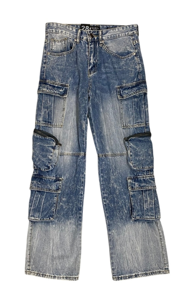 Baggy Fit Blue Wash Cargo Jeans