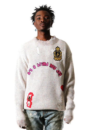 KELVE Heavy Gauge Ripped Knit Sweater with patches